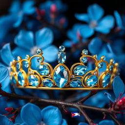 A golden tiara adorned with vibrant sky-blue aquamarine gemstones, set against a backdrop of lush, vivid blue flowers in sharp focus, showcasing their delicate petals and intricate details