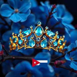 A golden tiara adorned with vibrant sky-blue aquamarine gemstones, set against a backdrop of lush, vivid blue flowers in sharp focus, showcasing their delicate petals and intricate details