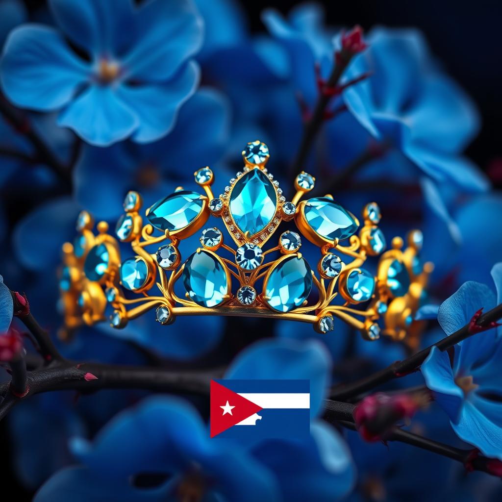 A golden tiara adorned with vibrant sky-blue aquamarine gemstones, set against a backdrop of lush, vivid blue flowers in sharp focus, showcasing their delicate petals and intricate details