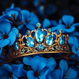 A golden tiara adorned with vibrant sky-blue aquamarine gemstones, set against a backdrop of lush, vivid blue flowers in sharp focus, showcasing their delicate petals and intricate details
