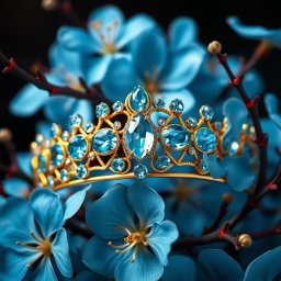 A golden tiara adorned with vibrant sky-blue aquamarine gemstones, set against a backdrop of lush, vivid blue flowers in sharp focus, showcasing their delicate petals and intricate details