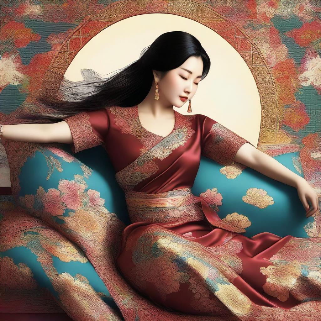 A digital art image of an Asian woman with petite features, reclining on a bed with her arms raised