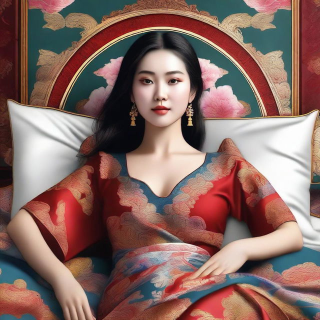 A digital art image of an Asian woman with petite features, reclining on a bed with her arms raised