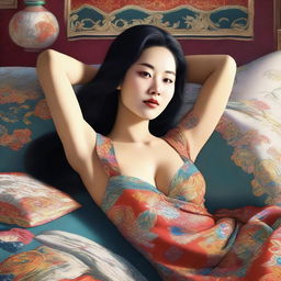 A digital art image of an Asian woman with petite features, reclining on a bed with her arms raised