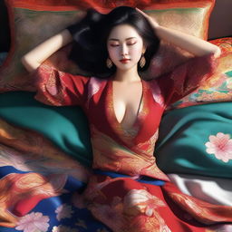 A digital art image of an Asian woman with petite features, reclining on a bed with her arms raised