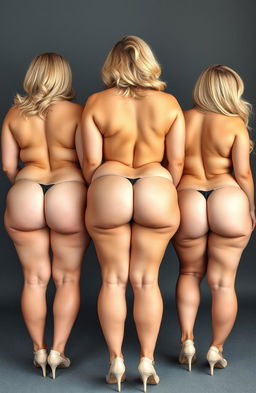 A visually striking display of three stunning blonde girls with impeccable faces and curvaceous bodies