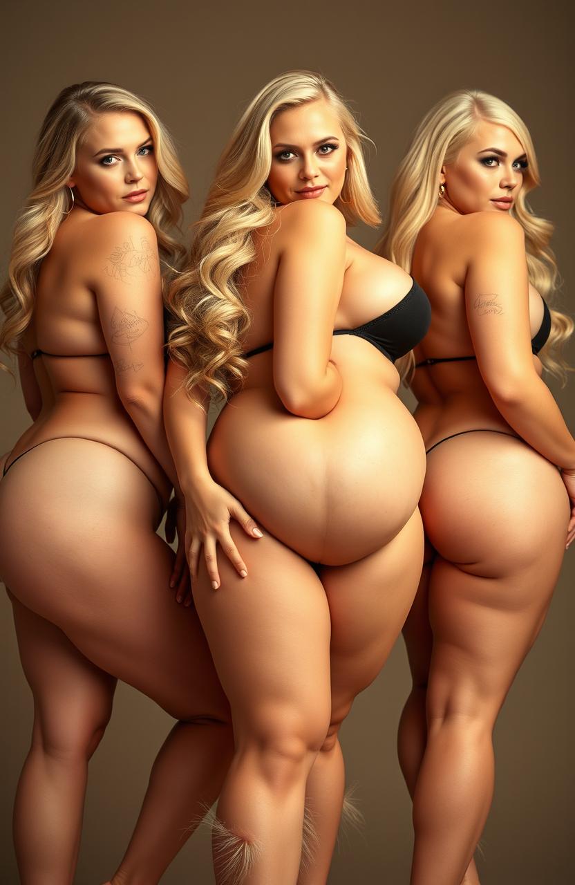 An enchanting showcase of three stunning blonde girls with flawless, impeccable faces and curvaceous bodies
