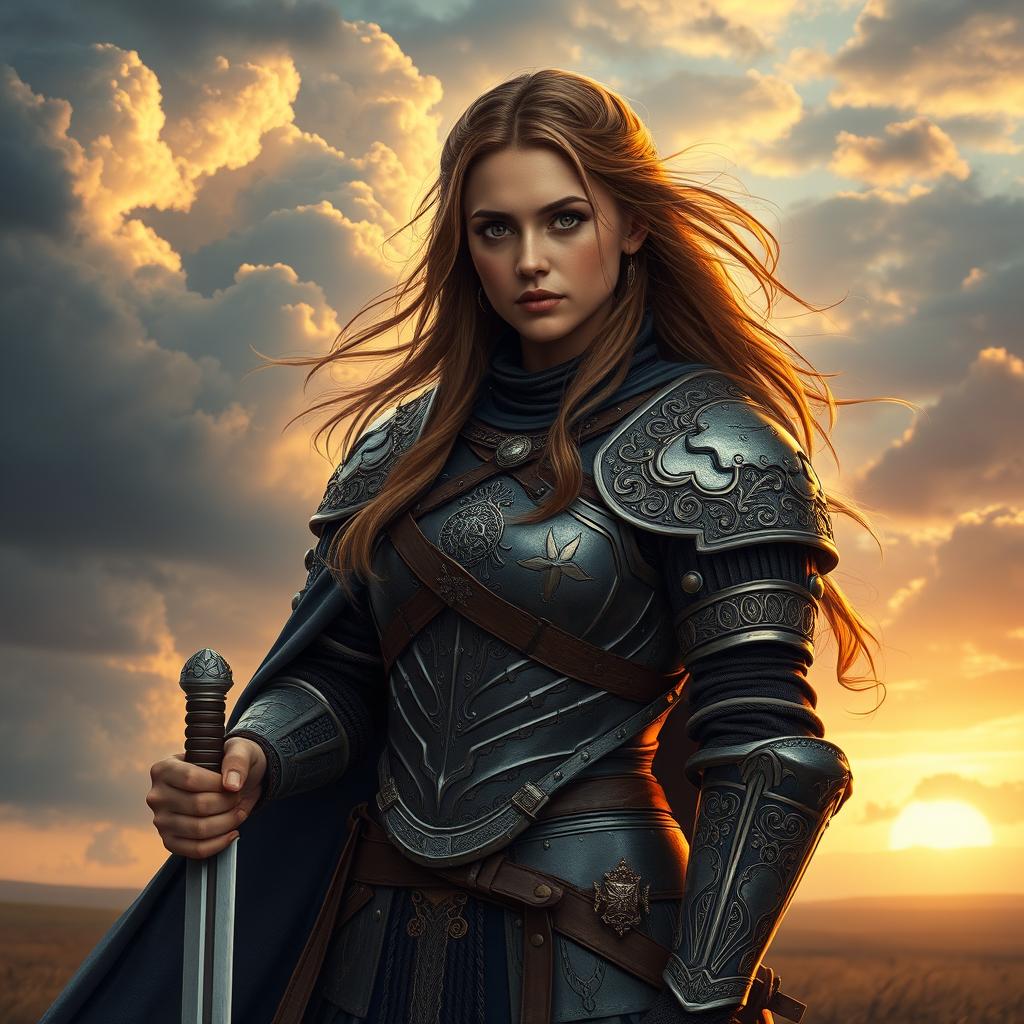 An epic portrait of the hero Benedetta, dressed in ornate medieval armor adorned with intricate details and symbols