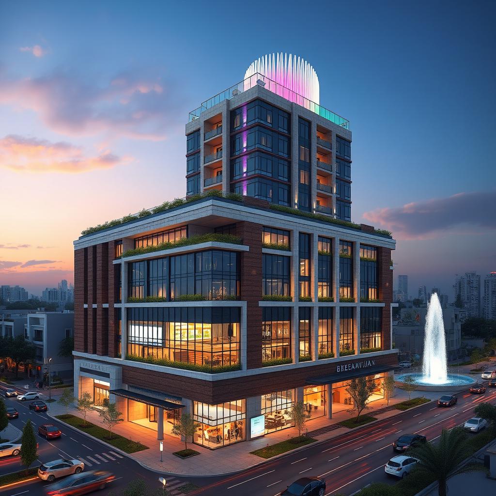 A modern residential-commercial tower named EBEEAVIJAN, featuring 20 floors and measuring 30x30 meters