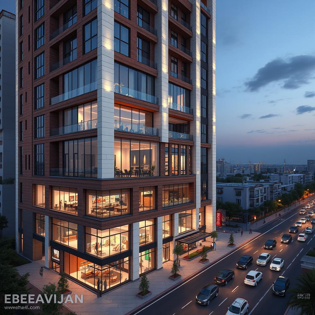 Design of a residential-commercial tower named 'EBEEAVIJAN', featuring 20 floors with dimensions of 30x30 meters