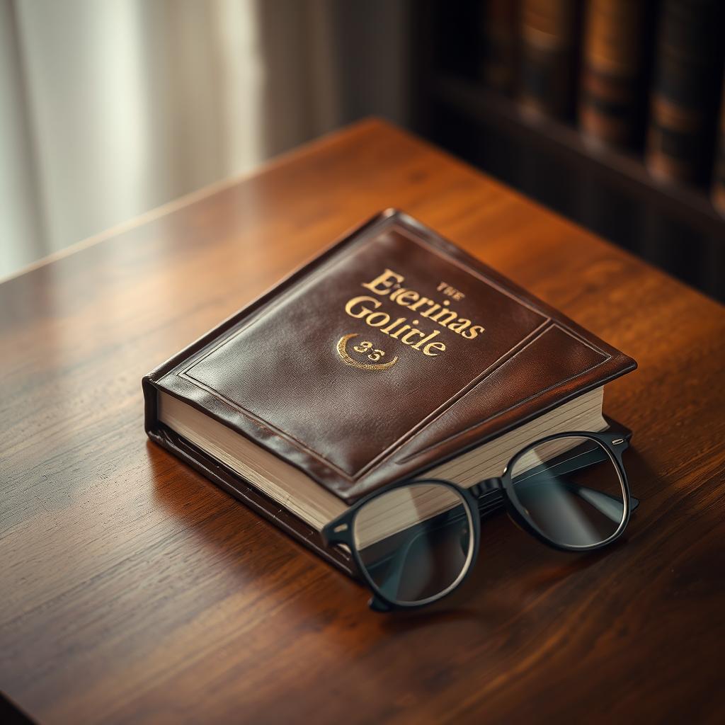 A beautifully detailed, high-quality portrait of a serene reading scene featuring an elegant, vintage leather book with a gold-embossed title on the cover