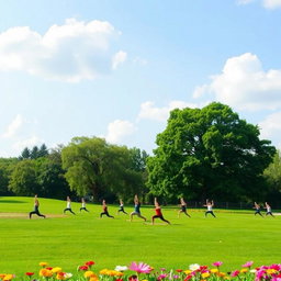 A serene landscape showcasing a lush green park with people practicing yoga on a grassy field, surrounded by vibrant flowers