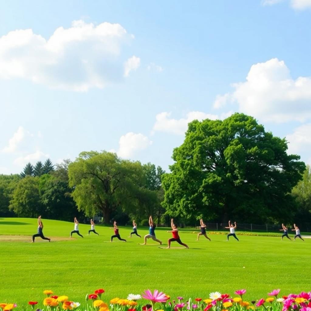 A serene landscape showcasing a lush green park with people practicing yoga on a grassy field, surrounded by vibrant flowers