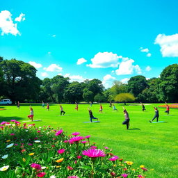 A serene landscape showcasing a lush green park with people practicing yoga on a grassy field, surrounded by vibrant flowers