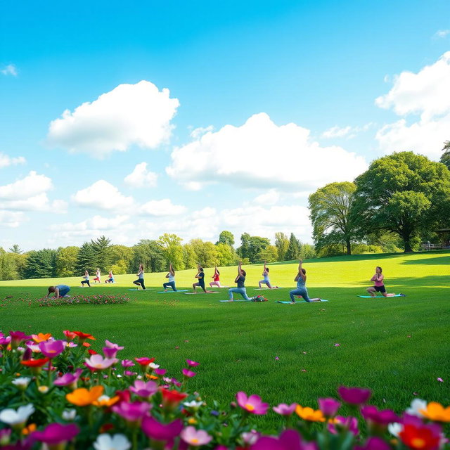 A serene landscape showcasing a lush green park with people practicing yoga on a grassy field, surrounded by vibrant flowers