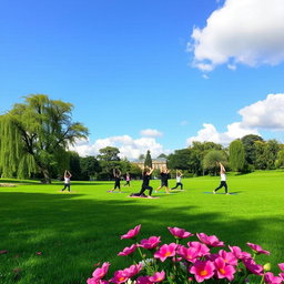 A serene landscape showcasing a lush green park with people practicing yoga on a grassy field, surrounded by vibrant flowers