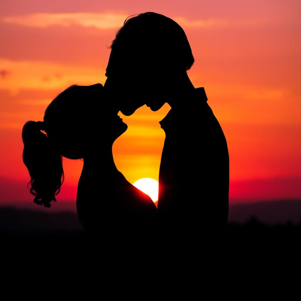 A romantic scene featuring two silhouettes of a couple in love, standing close together against a vibrant sunset