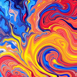 An abstract vibrant artwork featuring a swirling mix of colors such as blue, red, and yellow, with intricate patterns resembling waves and fluid movement
