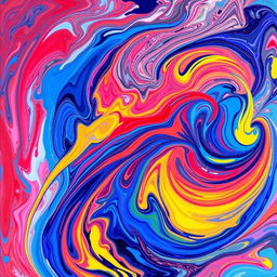 An abstract vibrant artwork featuring a swirling mix of colors such as blue, red, and yellow, with intricate patterns resembling waves and fluid movement