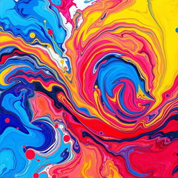An abstract vibrant artwork featuring a swirling mix of colors such as blue, red, and yellow, with intricate patterns resembling waves and fluid movement