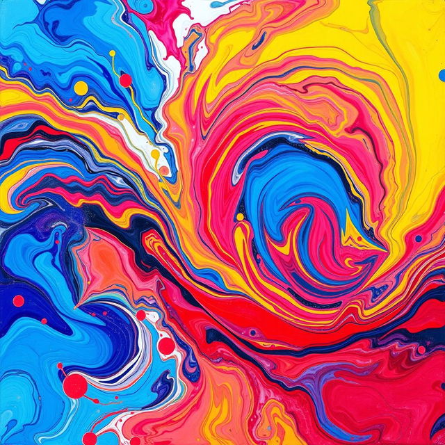 An abstract vibrant artwork featuring a swirling mix of colors such as blue, red, and yellow, with intricate patterns resembling waves and fluid movement