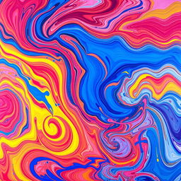An abstract vibrant artwork featuring a swirling mix of colors such as blue, red, and yellow, with intricate patterns resembling waves and fluid movement