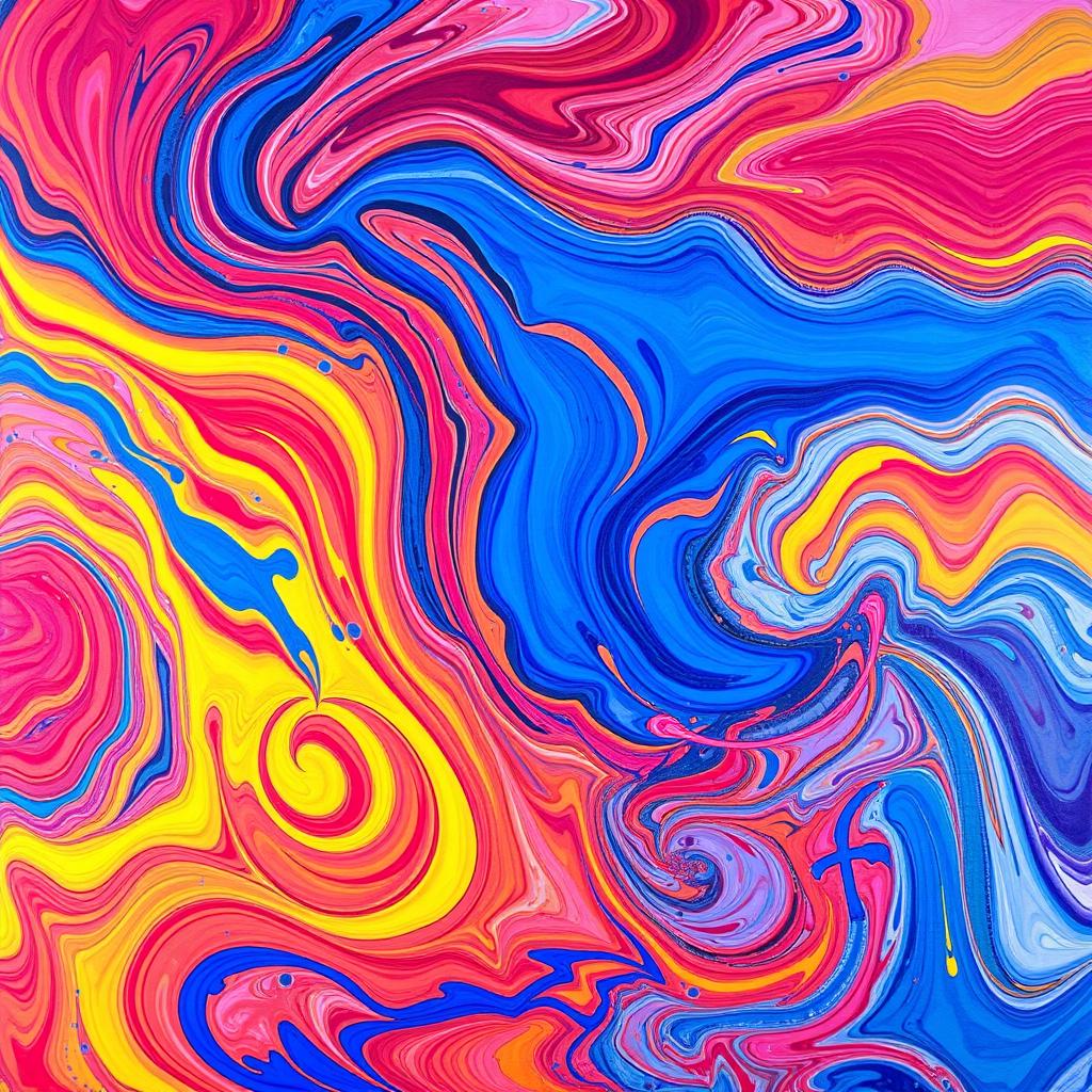 An abstract vibrant artwork featuring a swirling mix of colors such as blue, red, and yellow, with intricate patterns resembling waves and fluid movement