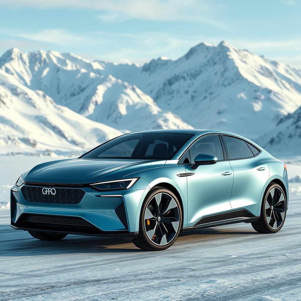 A unique electric sedan with a hyper-realistic editorial and trendy design in a futuristic style