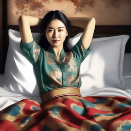 A digital art representation of an Asian woman with petite features, lying on a bed with her arms raised, and her shirt open