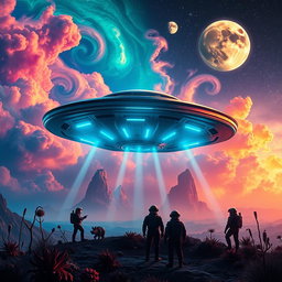 A stunning cinematic movie poster featuring an alien spaceship landing on a vibrant, extraterrestrial landscape