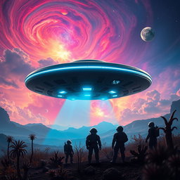 A stunning cinematic movie poster featuring an alien spaceship landing on a vibrant, extraterrestrial landscape