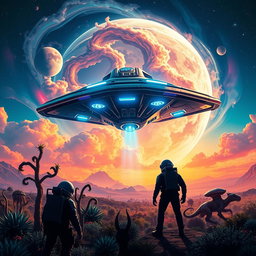 A stunning cinematic movie poster featuring an alien spaceship landing on a vibrant, extraterrestrial landscape
