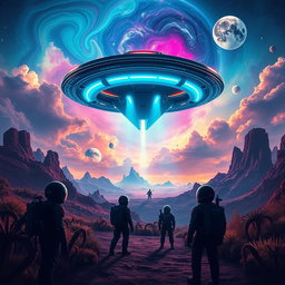 A stunning cinematic movie poster featuring an alien spaceship landing on a vibrant, extraterrestrial landscape