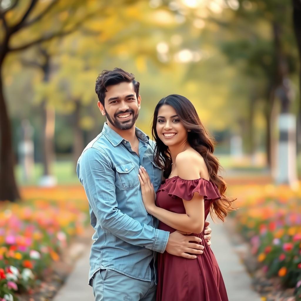 A romantic scene featuring a couple in love, standing together in a beautiful park