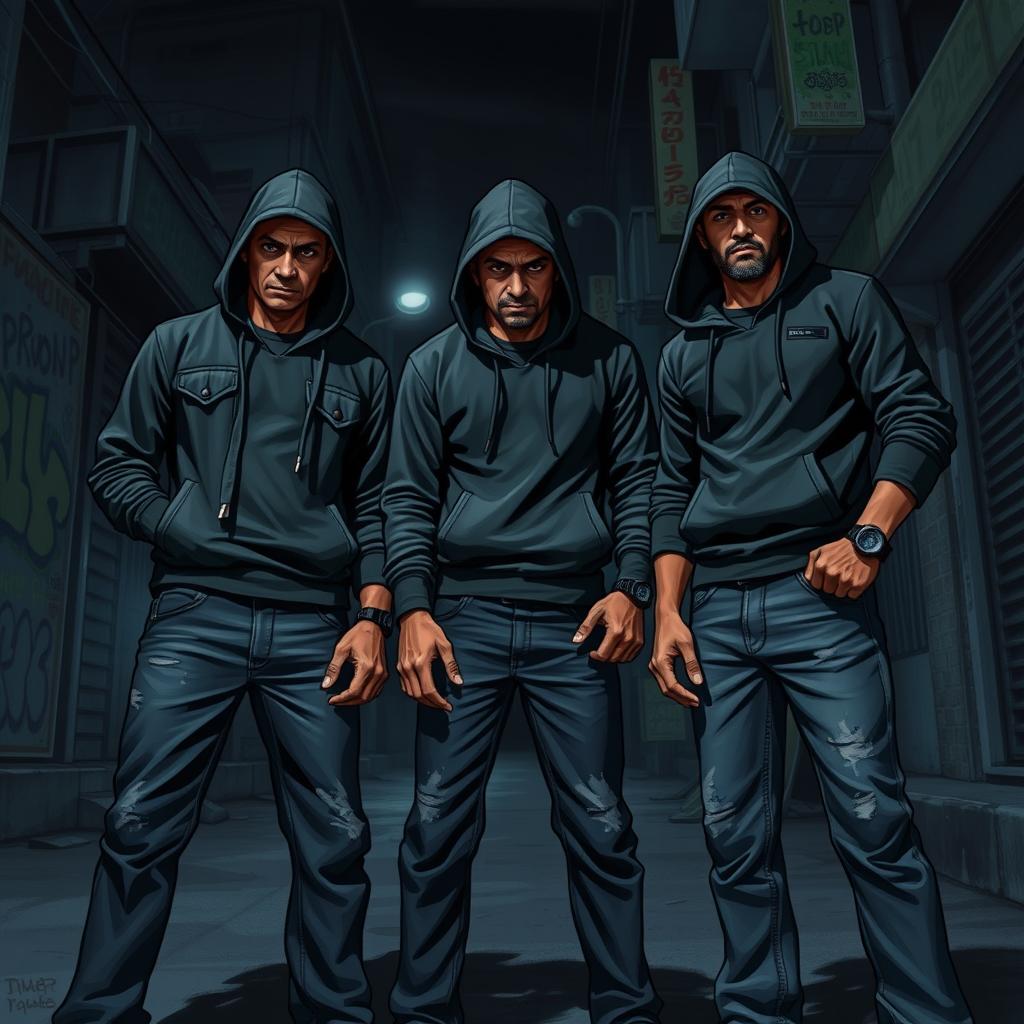 A gritty urban night scene depicting three men, Dadit, Aji, and Dani, who are a fierce gangster trio known for their aggressive behavior on the streets of Jakarta