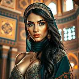 A stunning portrayal of a busty Arab woman, showcasing her beautiful features and traditional attire