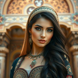 A stunning portrayal of a busty Arab woman, showcasing her beautiful features and traditional attire