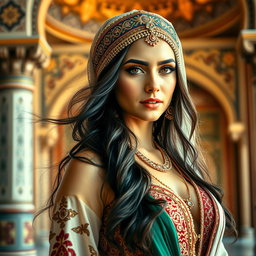 A stunning portrayal of a busty Arab woman, showcasing her beautiful features and traditional attire