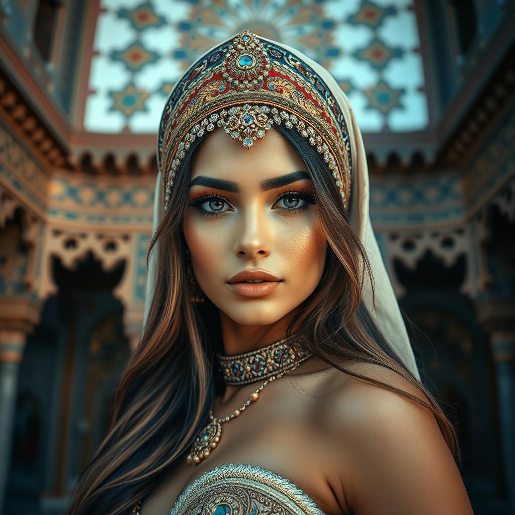 A stunning portrayal of a busty Arab woman, showcasing her beautiful features and traditional attire