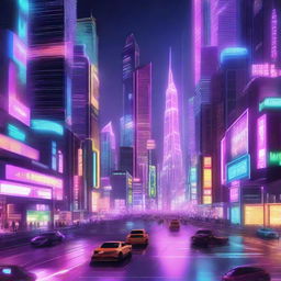 Generate an image of a futuristic city at night, filled with towering neon skyscrapers, flying cars, and busy holographic billboards.