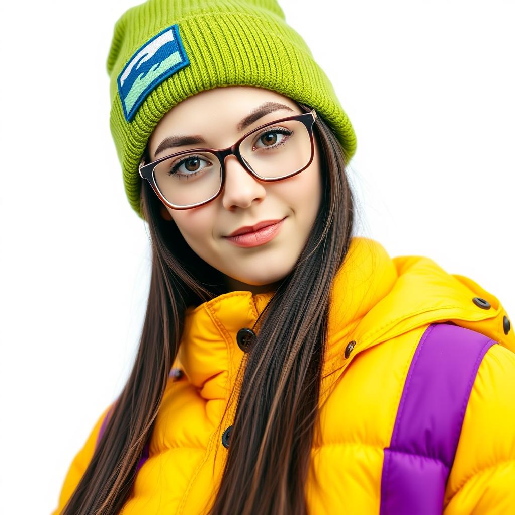 A young woman with long, dark hair and stylish glasses, wearing a vibrant green beanie adorned with a rectangular patch featuring a blue and white design