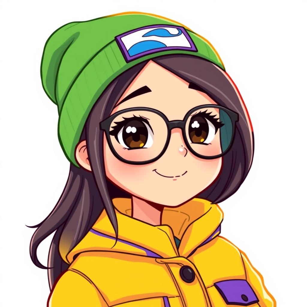 A cartoon-style illustration of a young woman with long, dark hair and oversized glasses, wearing a vibrant green beanie featuring a rectangular patch with a blue and white design