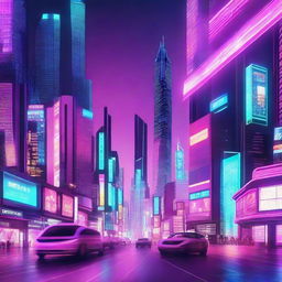 Generate an image of a futuristic city at night, filled with towering neon skyscrapers, flying cars, and busy holographic billboards.