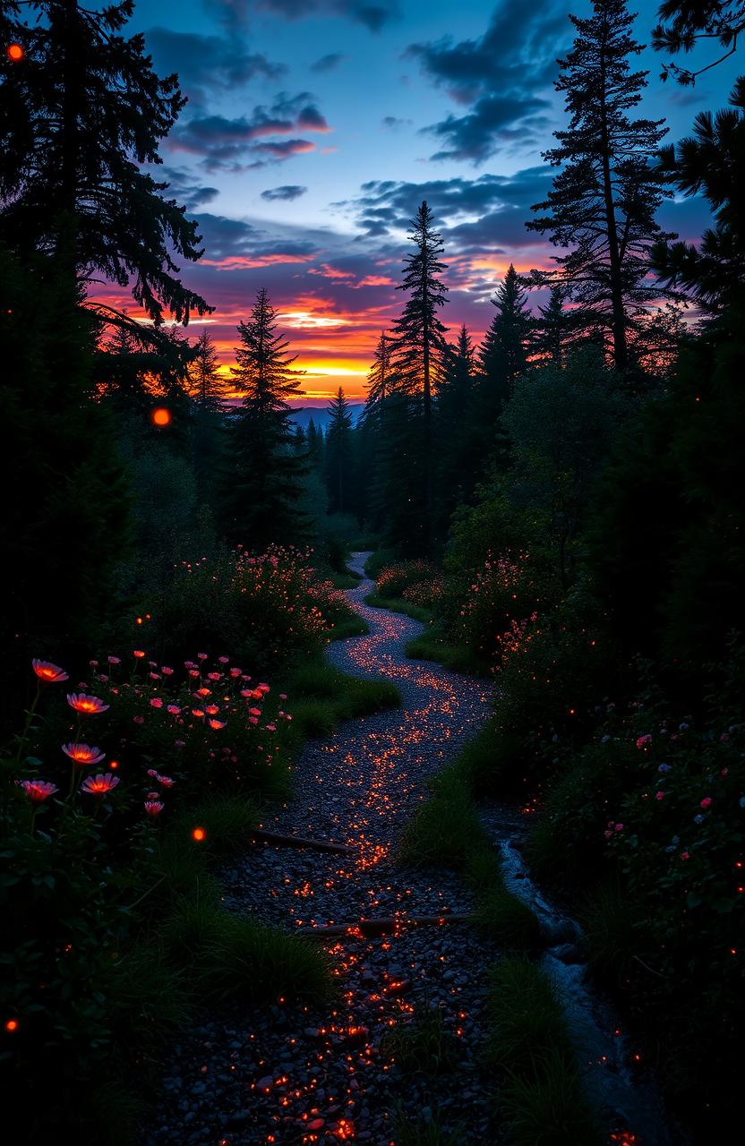 A beautiful, shimmering path leading through a mystical forest at twilight