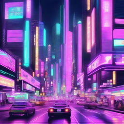 Generate an image of a futuristic city at night, filled with towering neon skyscrapers, flying cars, and busy holographic billboards.