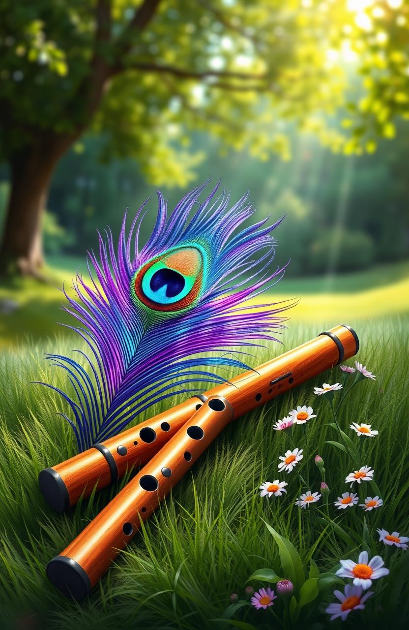 A stunning digital painting showcasing a beautifully arranged flute and a vibrant peacock feather amidst a serene natural setting