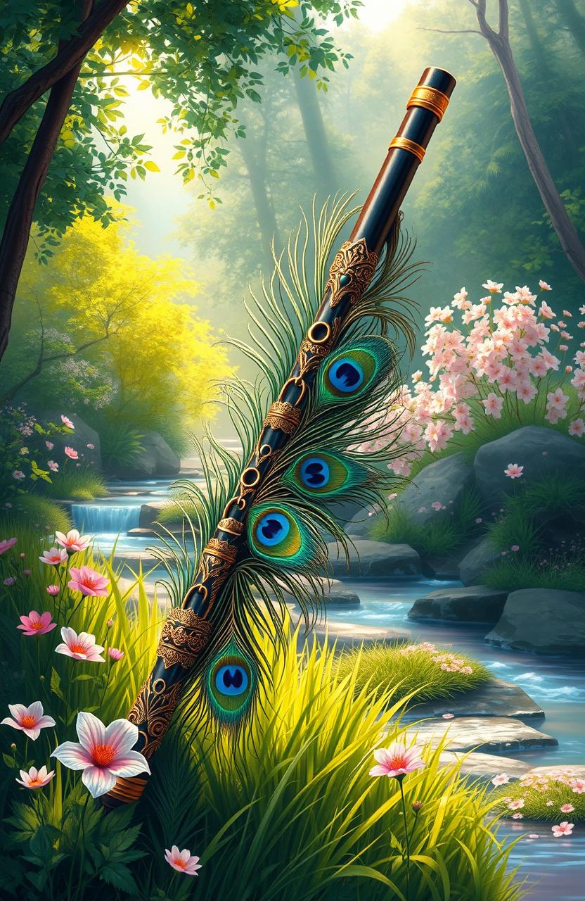 A stunning digital painting showcasing a beautifully ornate flute intertwined with vibrant peacock feathers, set against a lush, enchanting nature background