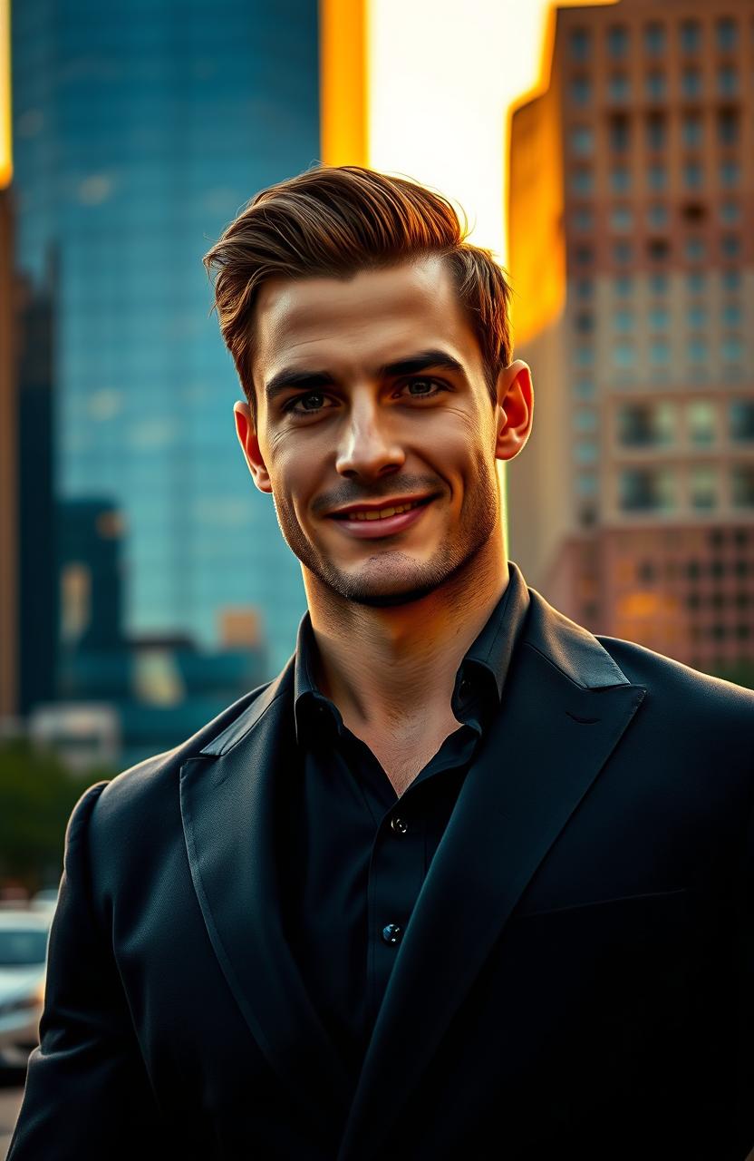 A handsome man with sharp features, styled hair, and a confident smile, wearing a sleek, tailored suit
