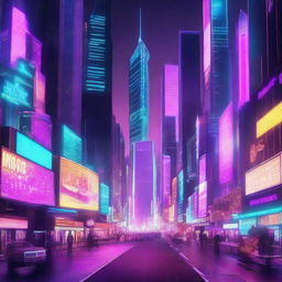 Generate an image of a futuristic city at night, filled with towering neon skyscrapers, flying cars, and busy holographic billboards.