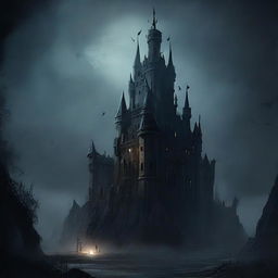 A foreboding and ominous castle, shrouded in mystery and veiled by the darkness of the night.